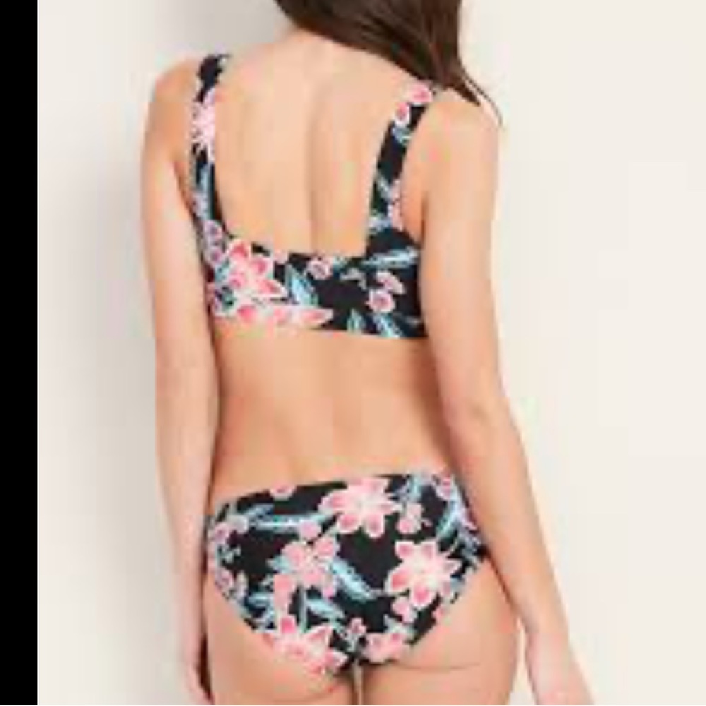 Old Navy black floral square neck bikini swim top and bottoms S - Picture 2 of 14